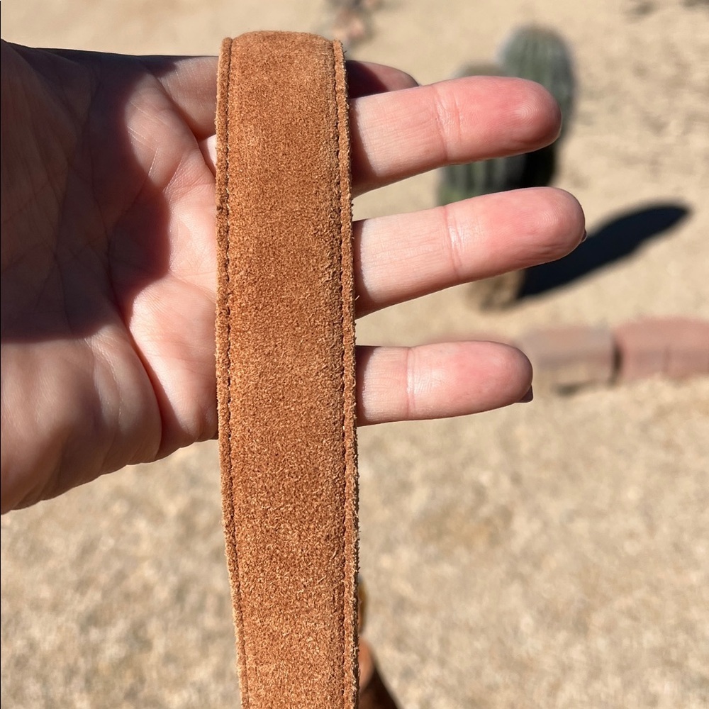 Haute Hippie | Honey Tan Suede Bucket Bag w/ Fringe and Adjustable Buckle - Picture 8 of 11